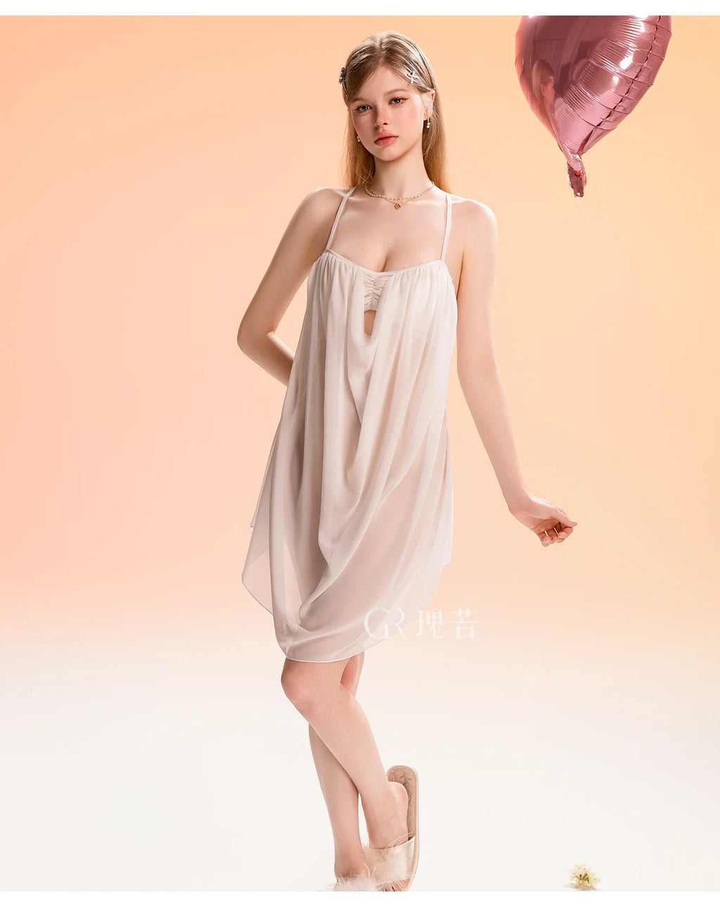 Y2K Lace Trim Cami Nightgown: Hollow Out Mesh & Ruched Padded Sleep Dress, Backless Loose Comfortable Chiffon