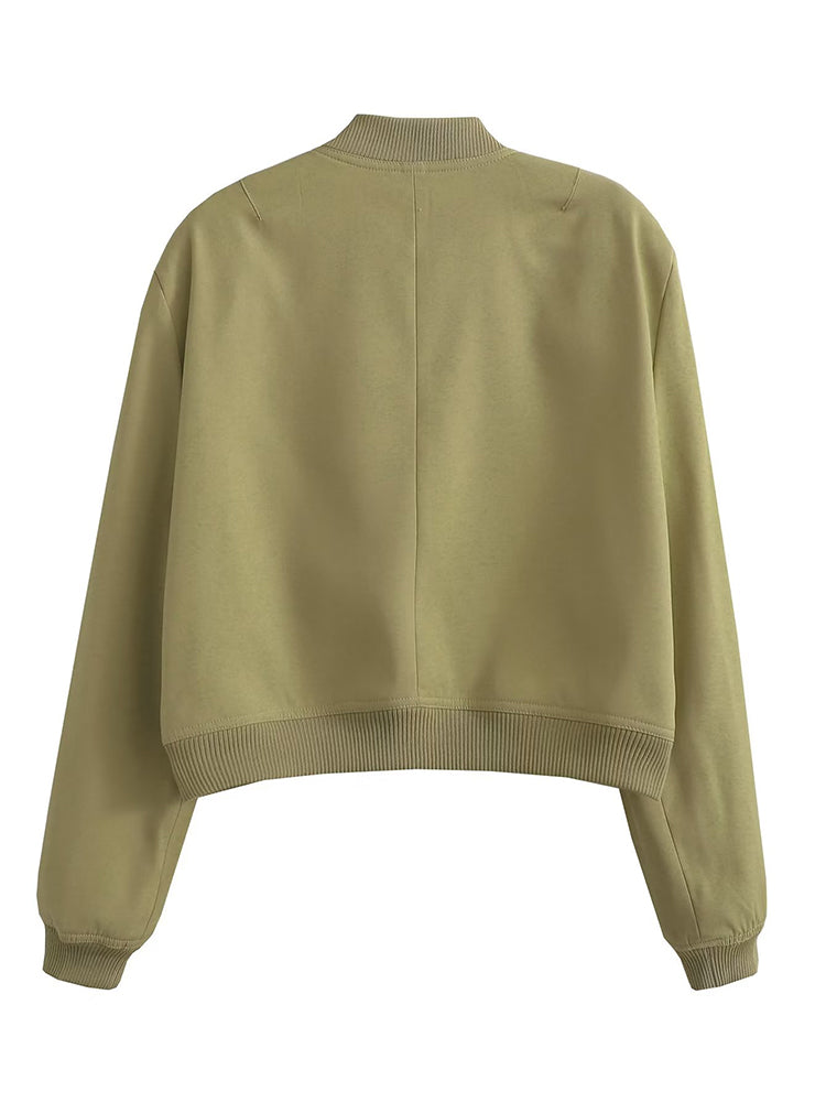 Women's Vintage V-Neck Bomber Jacket with Pockets