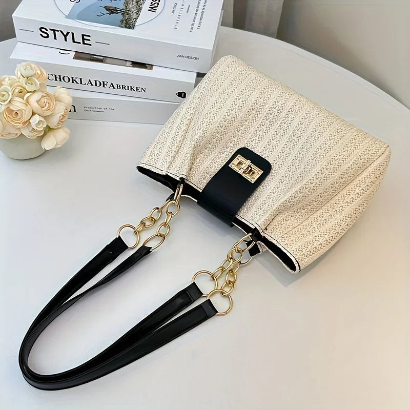 Grass Woven Patchwork Leather Korean Version Shoulder Bag Fashionable Women's Woven Handbag Suitable for Beach Parties Occasion