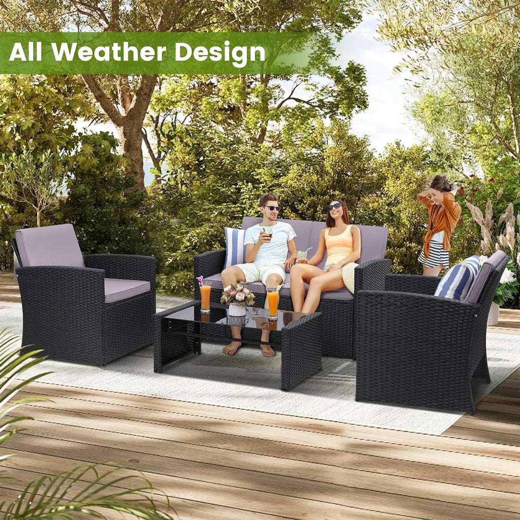 4-Piece Patio Furniture Set, Wicker Outdoor Rattan Sectional Sofa with Cushions and Glass Table, All-Weather Outdoor Conversatio