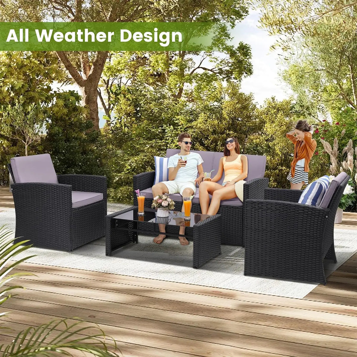 4-Piece Patio Furniture Set, Wicker Outdoor Rattan Sectional Sofa with Cushions and Glass Table, All-Weather Outdoor Conversatio
