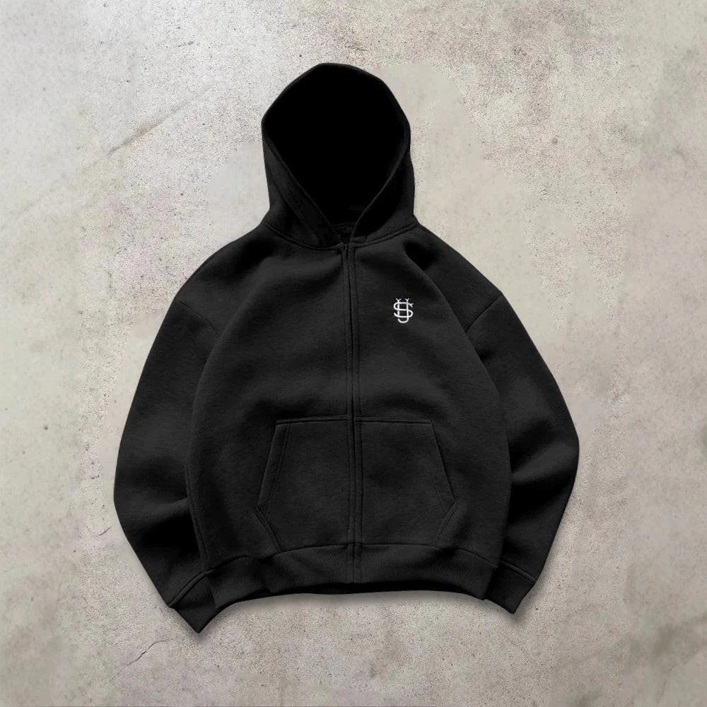Y2k High Street Zip Embroidery Pattern Men's Hoodies Oversized Loose Sweatshirts Pullover Women Hip Hop Zip Hoodie Vintage Pants
