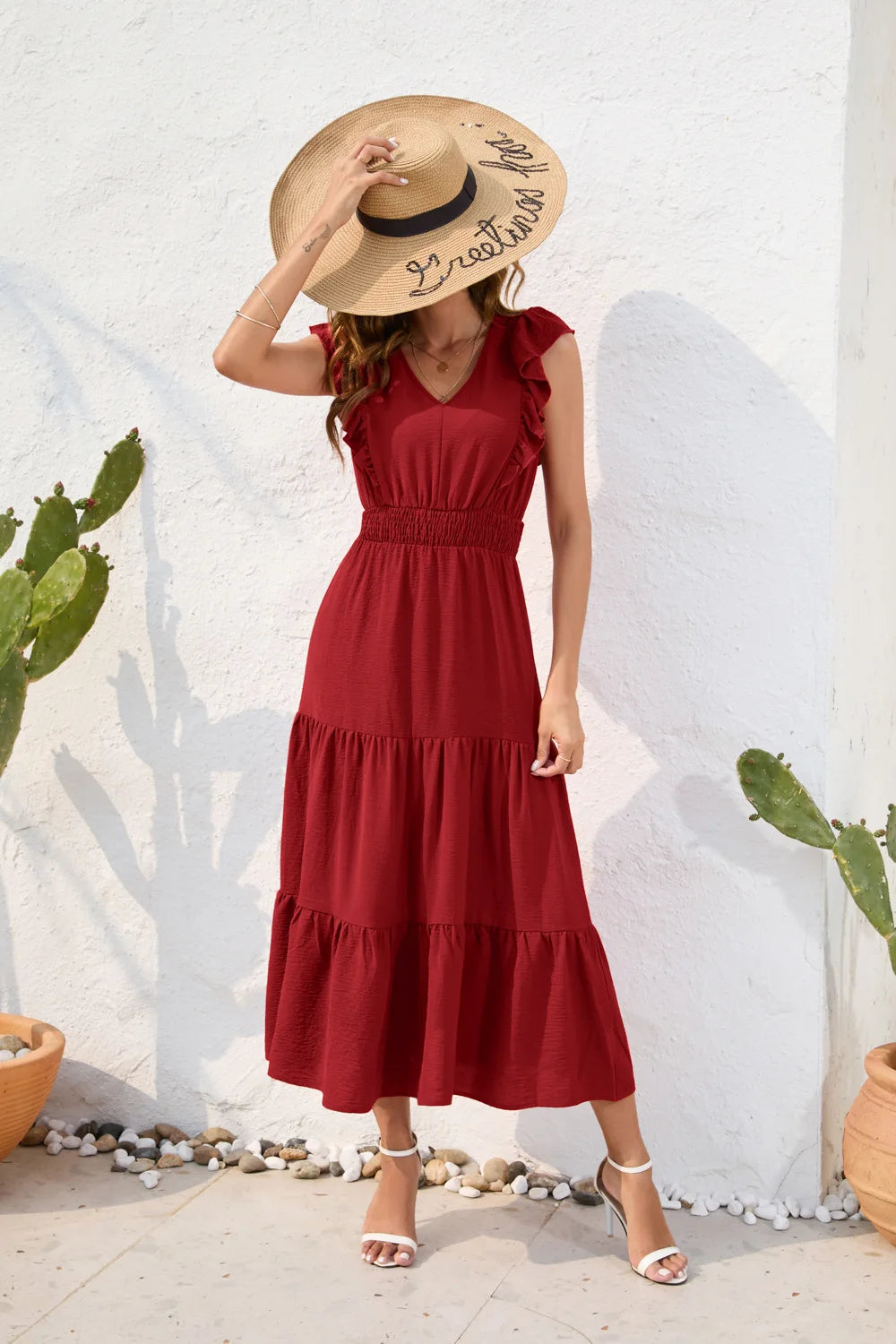 VigoCasey 2026 Summer Female Solid Long Dress Women Sexy Ruffle Sleeveless V Neck Long Dress Lady Casual High Waist Dresses