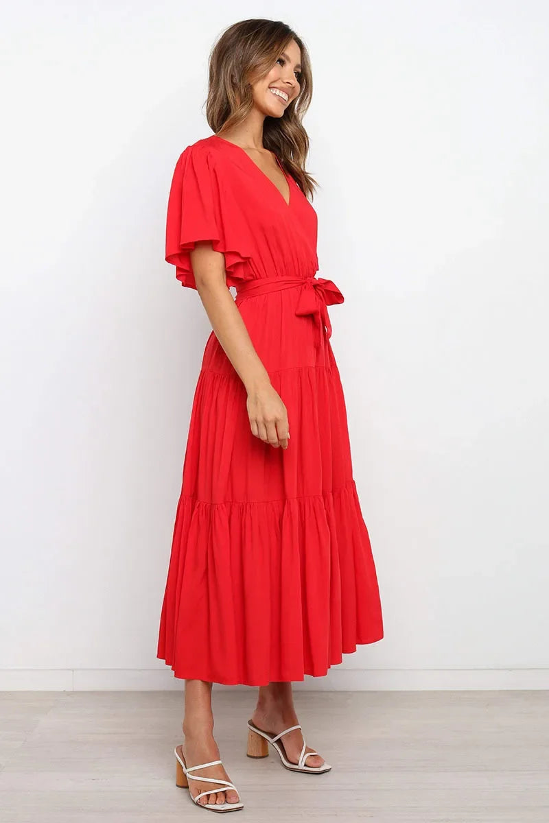 Summer Bohemian Long Dress Pure Color V-Neck Short Sleeve Empire Waist Design Floor Length with Belt Loose Fit Women's Dress