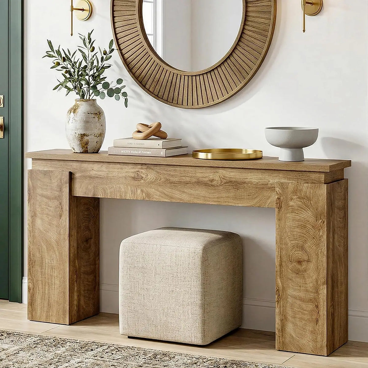 63-Inch Console Sofa Table, Farmhouse Rustic Entryway Table with Open Storage for Living Room & Hallway, Natural Oak, Customized
