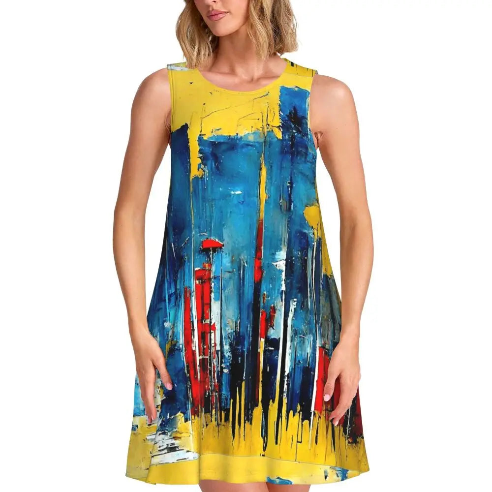 80s Color Block Print Dress Modern Dresses Female Sleeveless Street Fashion Tank Dress Day Print Oversized Vestidos