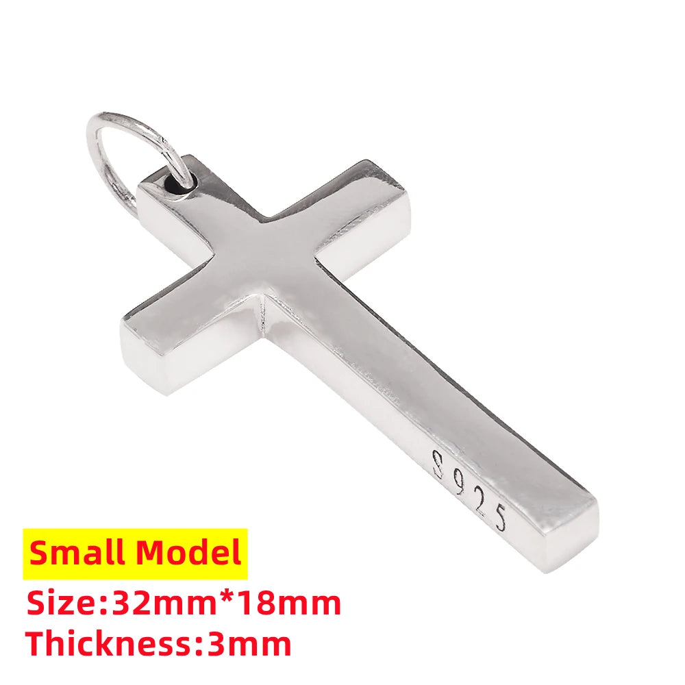 Real Solid 925 Silver Cross Pendant For Men Women'S Minimalist High Polished Fashion Classic Jesus Christian Prayer Jewelry