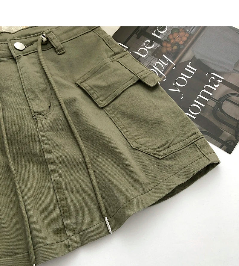 Retro High Waist Denim  Skirt Women's Spring Summer Autumn Casual Drawstring Anti-Light Short Skirt Polyester Fiber