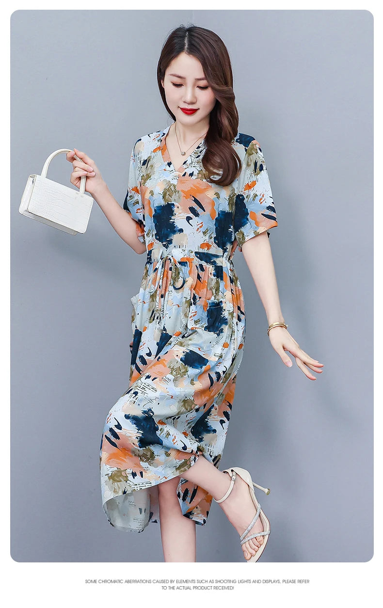 New Fashion 2025 Summer dresses For Women V-Neck Plus Size Woman Cothing Loose Short Sleeve Women Print Dresses