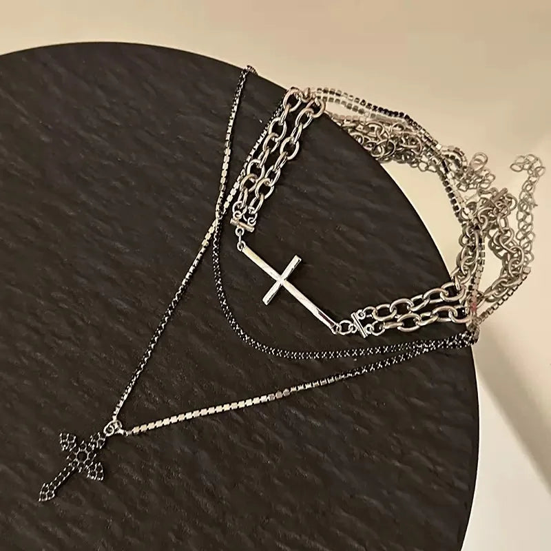 Gothic Cross Shape Multi-Layer Chain Necklace For Men Women Black Zirconia Stone Personalized Style Party And Daily Wear