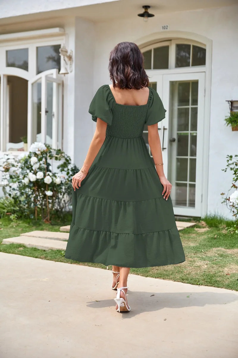 2026 Spring Summer Elegant Women's Long Dress Fashionable Solid Color Square Neck Puff Sleeve Pleated Slim Fit Loose Hem Dress