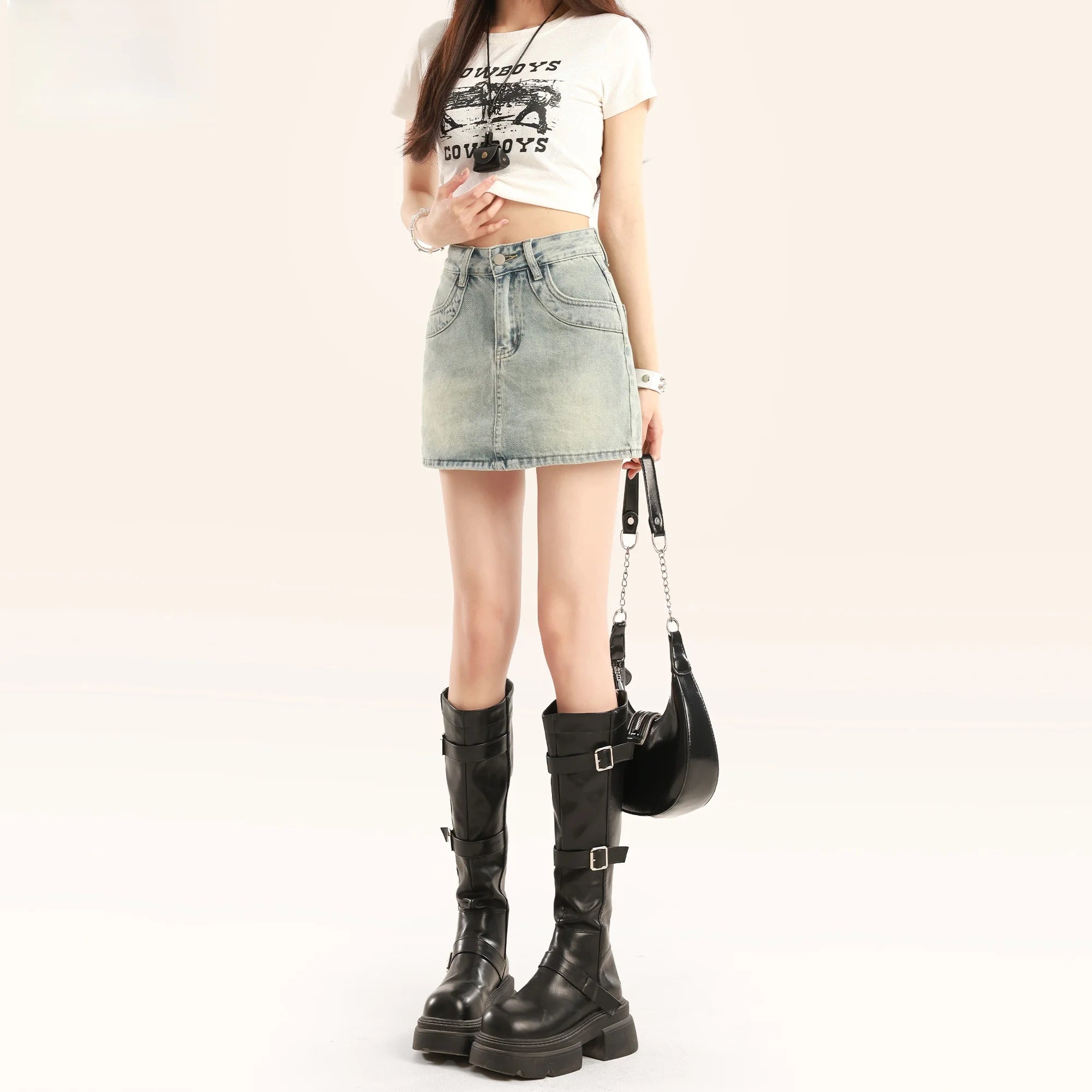 Light Blue Spicy Girl High Waist Denim  Skirt Women's A-Line Bodycon Short Skirt Summer New Style Slimming Anti-Light