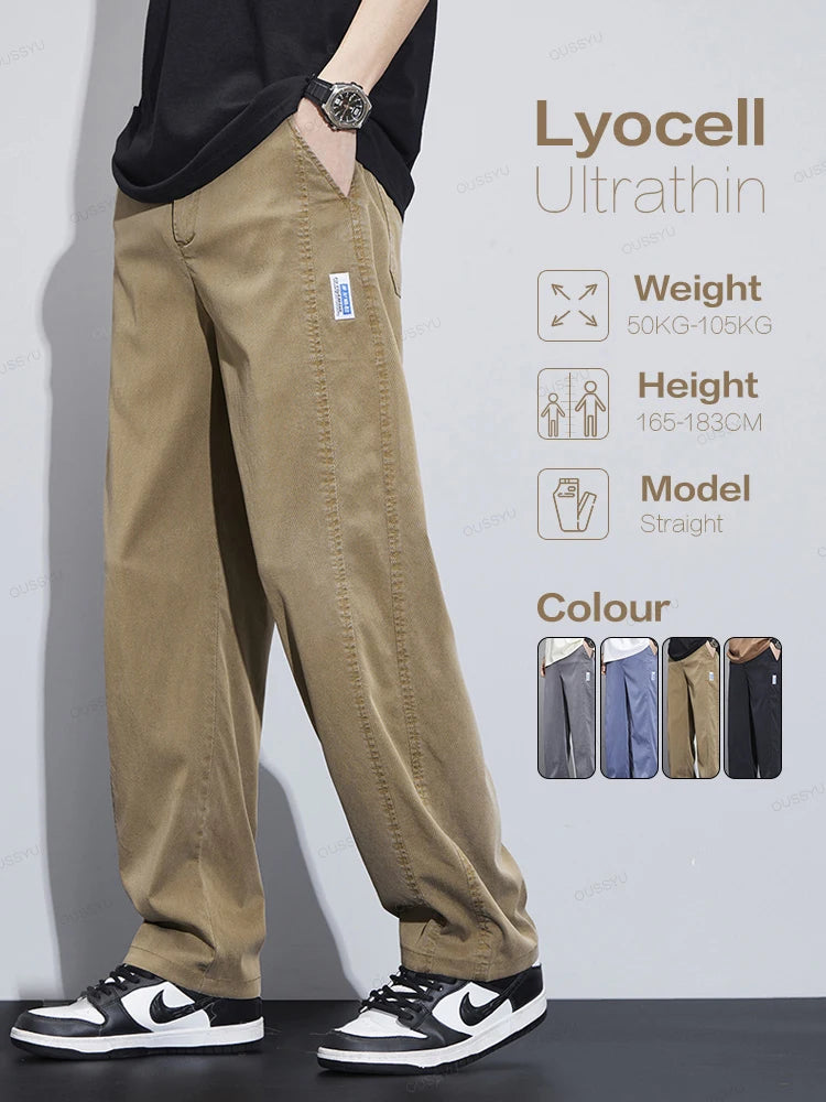 High Quality Summer Ultrathin Soft Lyocell Fabric Men'S Casual Pants Elastic Waist Breathe Loose Straight Trousers Plus Size 5Xl