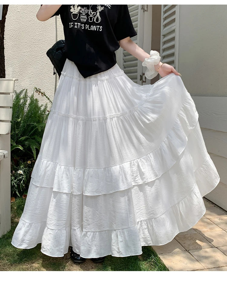 White Tiered Ruffle Hem Skirt 2025 - High Waist Flowy A-Line Maxi Skirt, Summer Chiffon Layered Skirt with Pleats