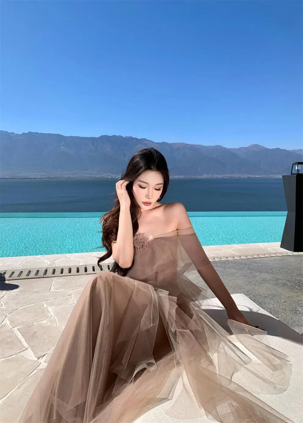 French Style plus Size Long Asymmetrical Shoulder Women's Dress Spring 2026 New Net Skirt High Waist Suede Fabric Casual Stre...