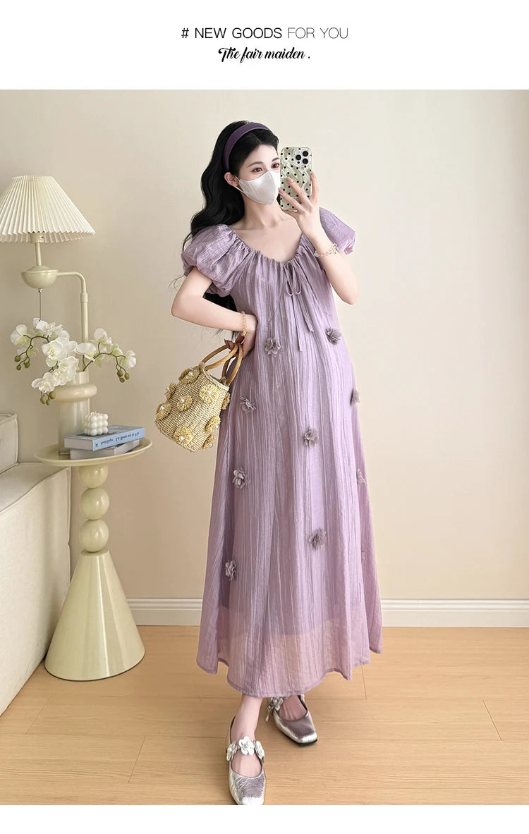 2026 Spring Maternity Floral Clothes Summer Loose Fit Pregnant Woman Chiffon Dress Shoulderless Beach Holiday Dresses
