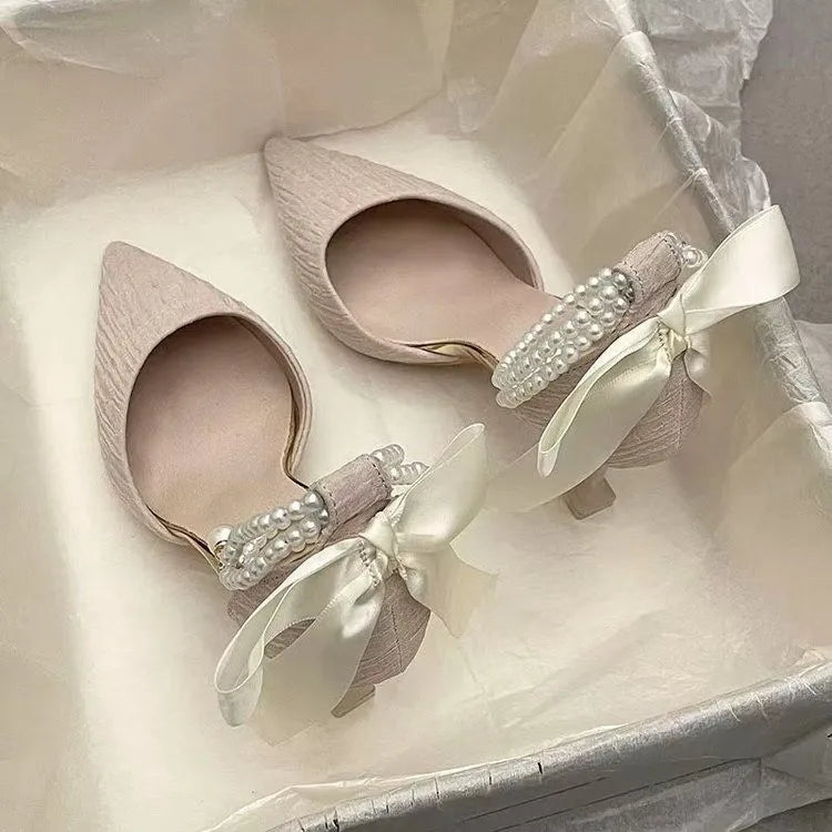 Fashionable high-heeled women's 2025 summer new pearl open-back evening dress stiletto style fairy-tale elegant single shoes