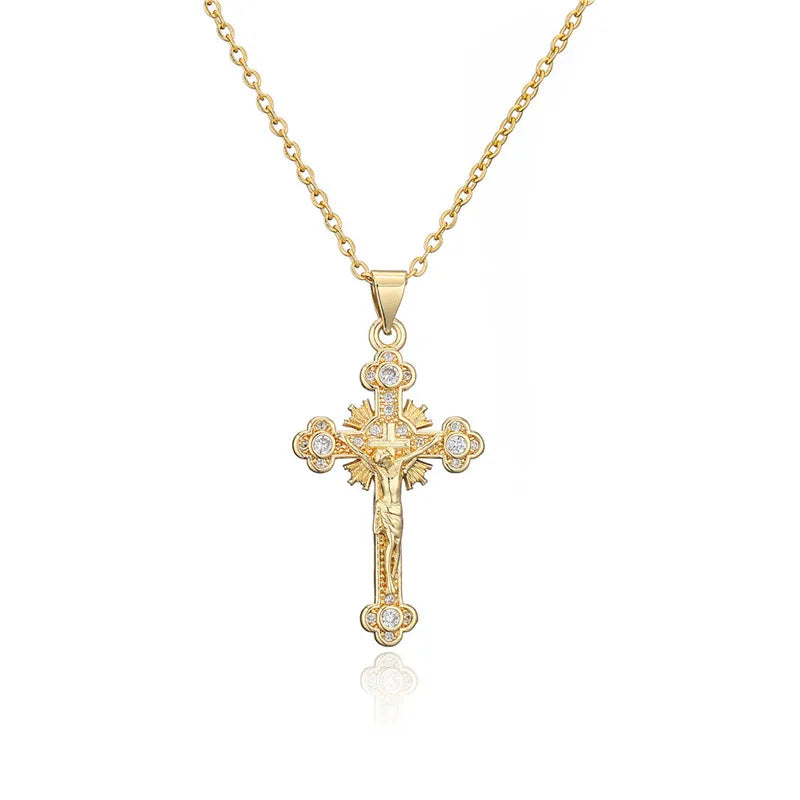 Newbuy Gold Color Jesus Cross Pendant Stainless Steel Chain Necklace For Women'S Men Classic Design Christain Jewelry
