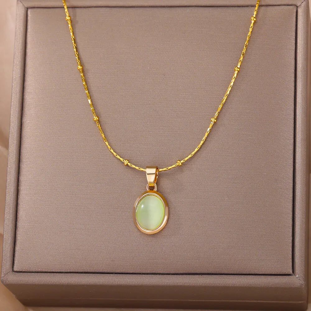 Fashion Stone Opal Oval Necklace For Women'S Stainless Steel Gold Color Oval Stone Pendant Necklace Wedding Aesthetic Jewelry