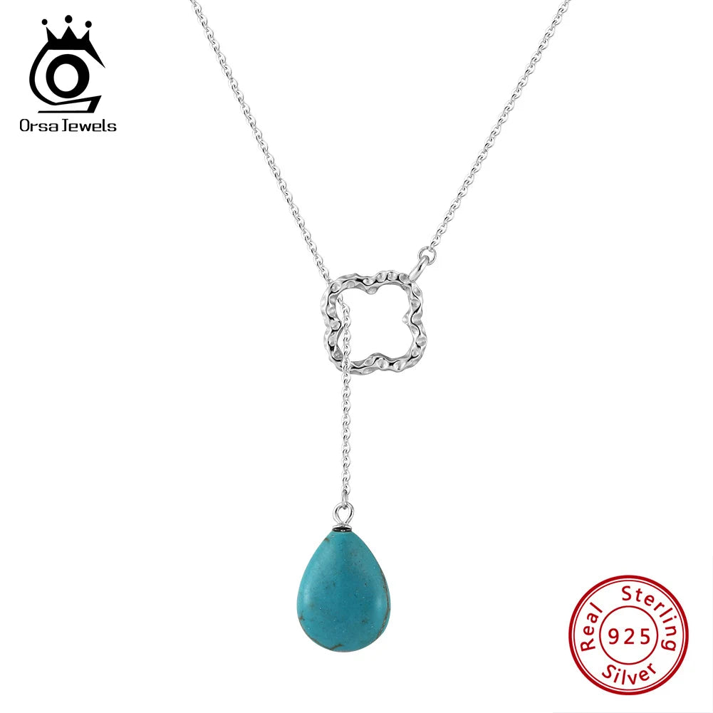 ORSA JEWELS Bohemia Turquoise Stone Pendant Necklace 925 Silver for Women Clavicle Chain Delicate Wedding Party Jewelry GMN47