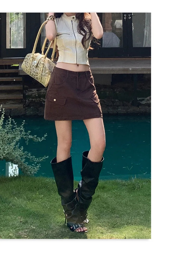 High Waist A-Line Mini Skirt Denim Skirt Women's Multi-Pocket Anti-Light Workwear Half Skirt Street Style Casual Wear