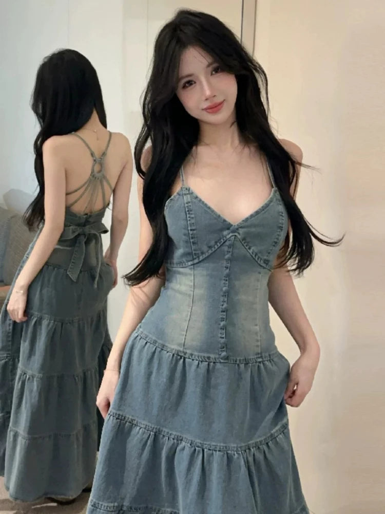 Y2k Women Dresses Spring Summer Ruffles Sleeveless Vintage Vestidos Mujer Korean Fashion Sexy V Neck A-line Long Dress