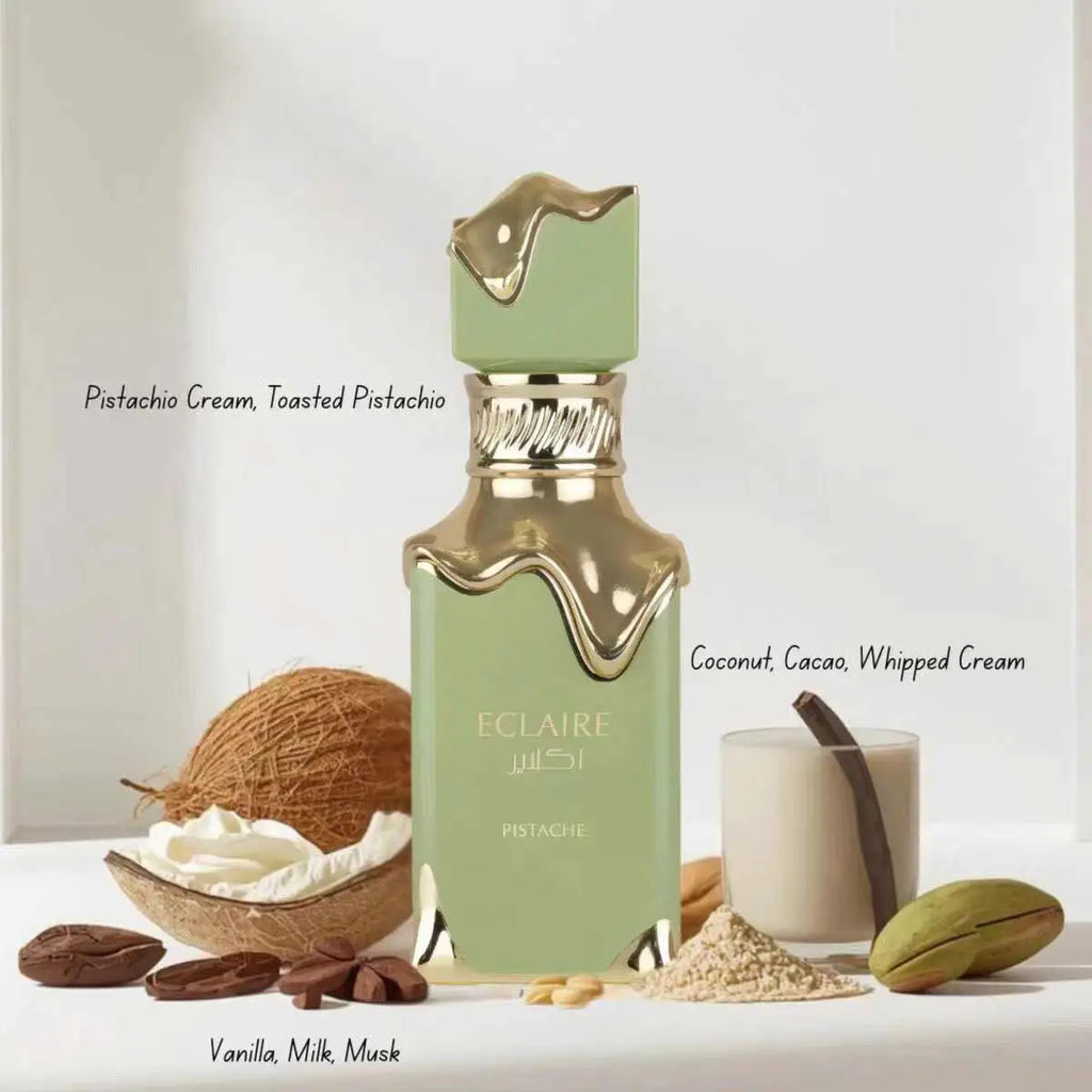 Eclaire Pistache Perfume IInspired By French Pistachio Eclair. Fresh Nut‑milky Sscent With Mellow Sweetness. Green‑gold Dripping Bottle, Not Cloying, Delivers Soft And Comforting Gourmand Fragrance Experience.