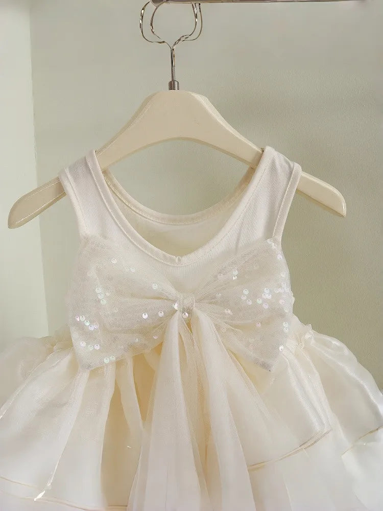 Girls Dress Temperament Princess Dress Sleeveless 2026 Summer New Girls Sequin Sweet Bow Puff Mesh Dress