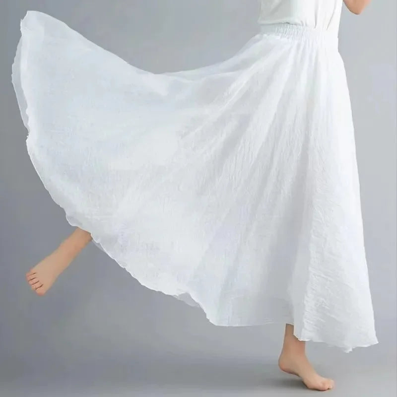 High Quality Cotton Linen Maxi Skirt Women Casual Elastic High Waist Pleated A-Line Beach Skirts Boho Saia Feminina Faldas Jupe