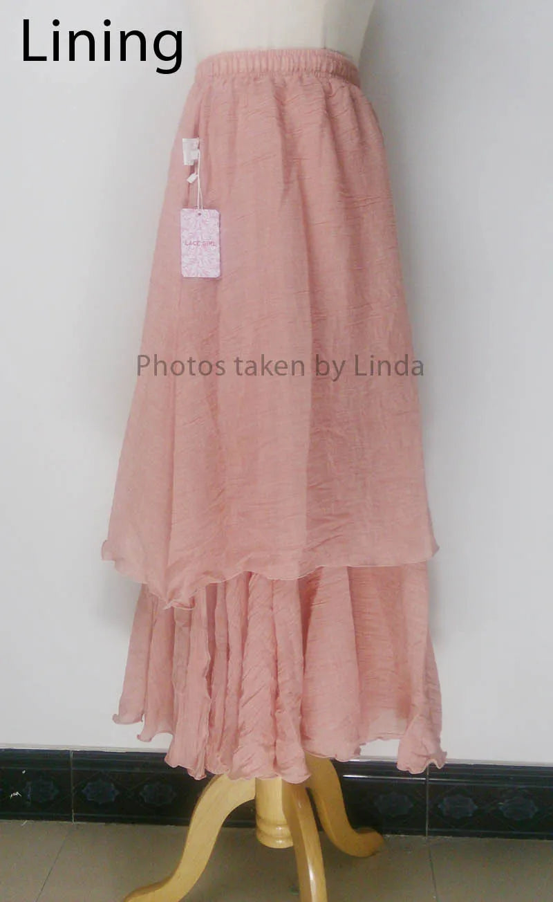 Women's Elegant High Waist Linen Maxi Skirt 2026 Summer Ladies Casual Elastic Waist 2 Layers Skirts Saia Feminina 20 Colors SK53