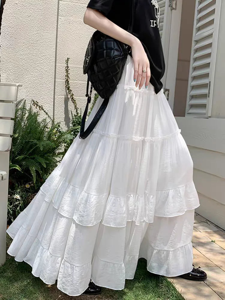 White Tiered Ruffle Hem Skirt 2025 - High Waist Flowy A-Line Maxi Skirt, Summer Chiffon Layered Skirt with Pleats
