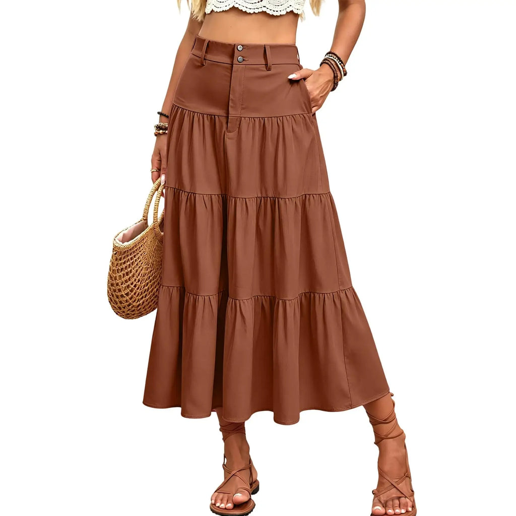 Damen High Waist Midi Mit Elastischem Bund Knopfleiste Eleganter A Linien Leichtem Material Für
