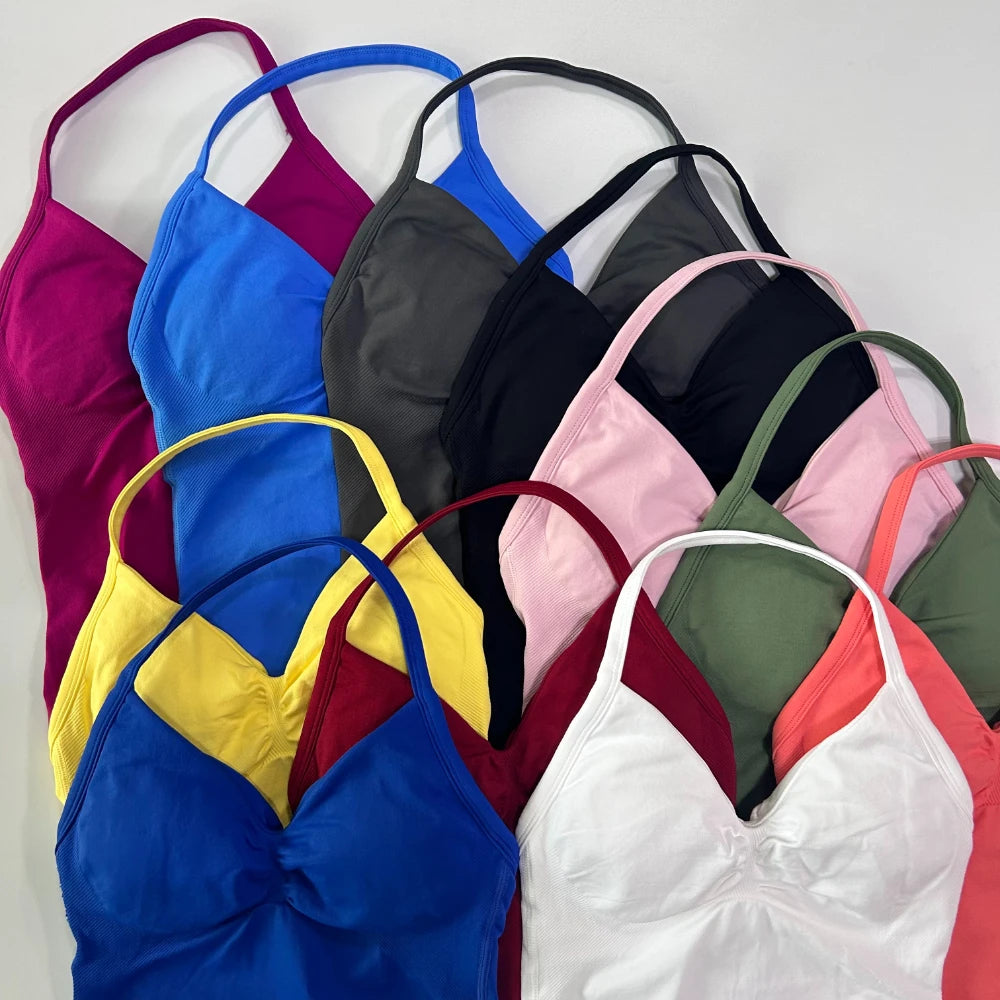 No Logo Longline Strappy Top Women Seamless Yoga Tank Tops Buit-in Bra Ruched Backless Gym Clothes Sleeveless Shirt Workout Top