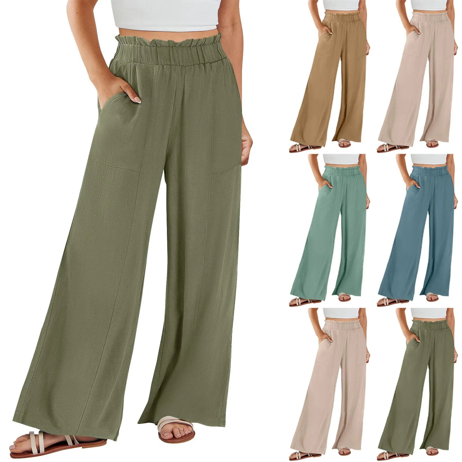 Women's Ruffle Elastic High Waist Wide Leg Pants Loose Casual Long Trousers With Pockets Spring Summer Daily Wear