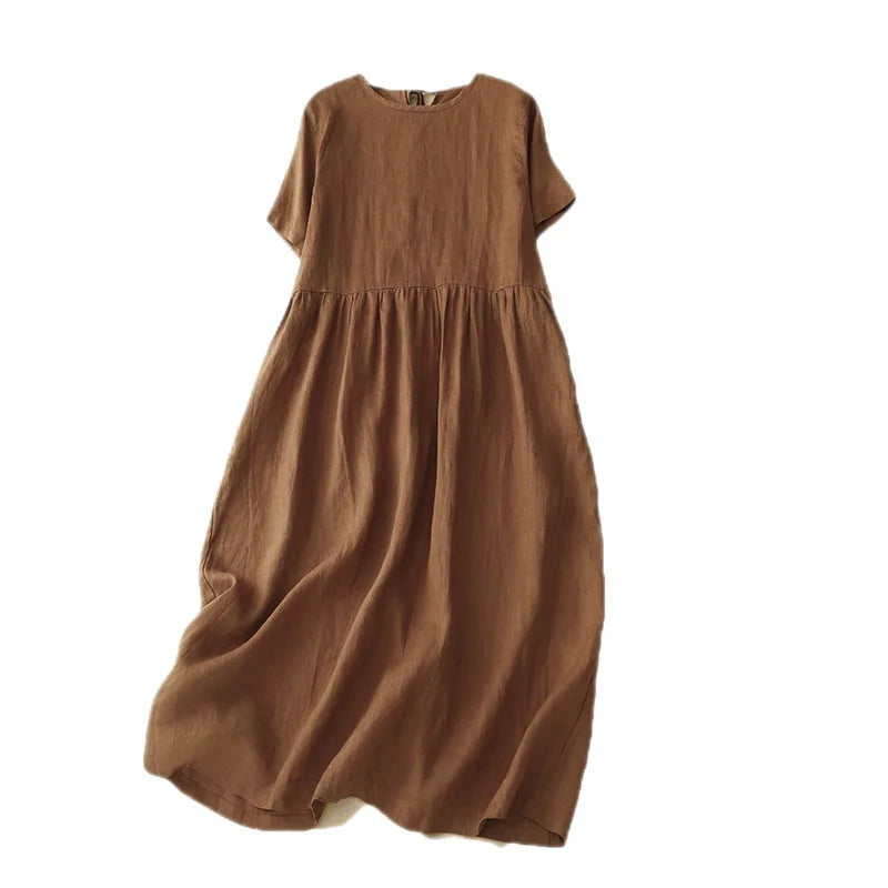Korean Style Summer Fashion Solid Color Simple Basic Cotton Linen Dress for Women Good Quality Half Sleeve Elegant Frock Female