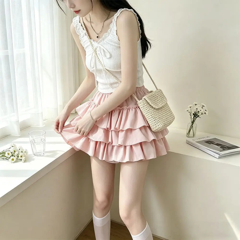 Sweet Ballet Ruffles Mini Skirt Women Ball Gown Casual Pumpkin High Waist Puffy Y2k Clothes Lolita Pleated Skirt with Shorts