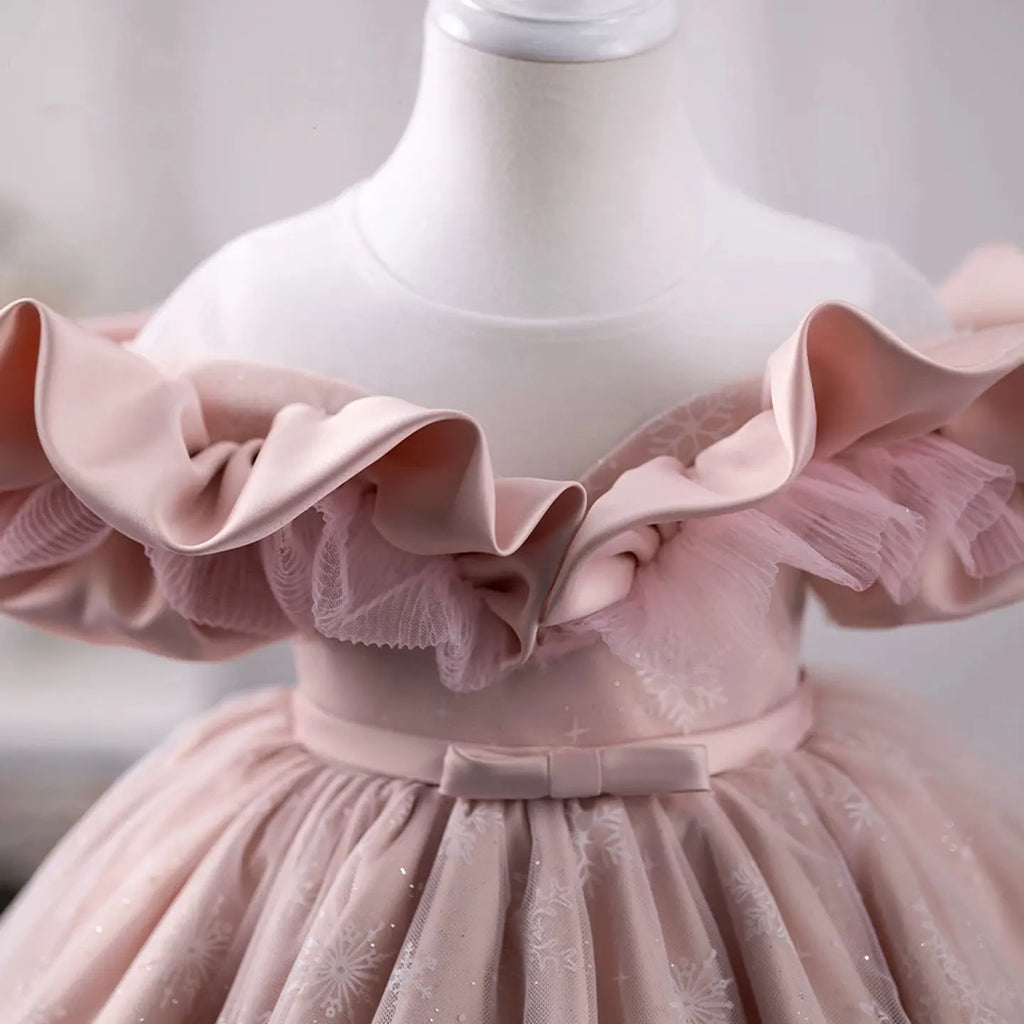 Dreamy Vow J709 Lovely Pink Baby Girl Dress Delicate Ruffled Off-shoulder Snowflake Patterns Winter Party Ball Gown