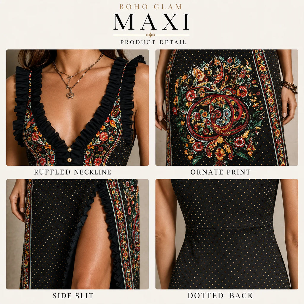 Women's Boho Paisley Print Maxi Dress Deep V-Neck Sleeveless Ruffle Trim High Slit Summer Vacation Resort Cocktail Dress
