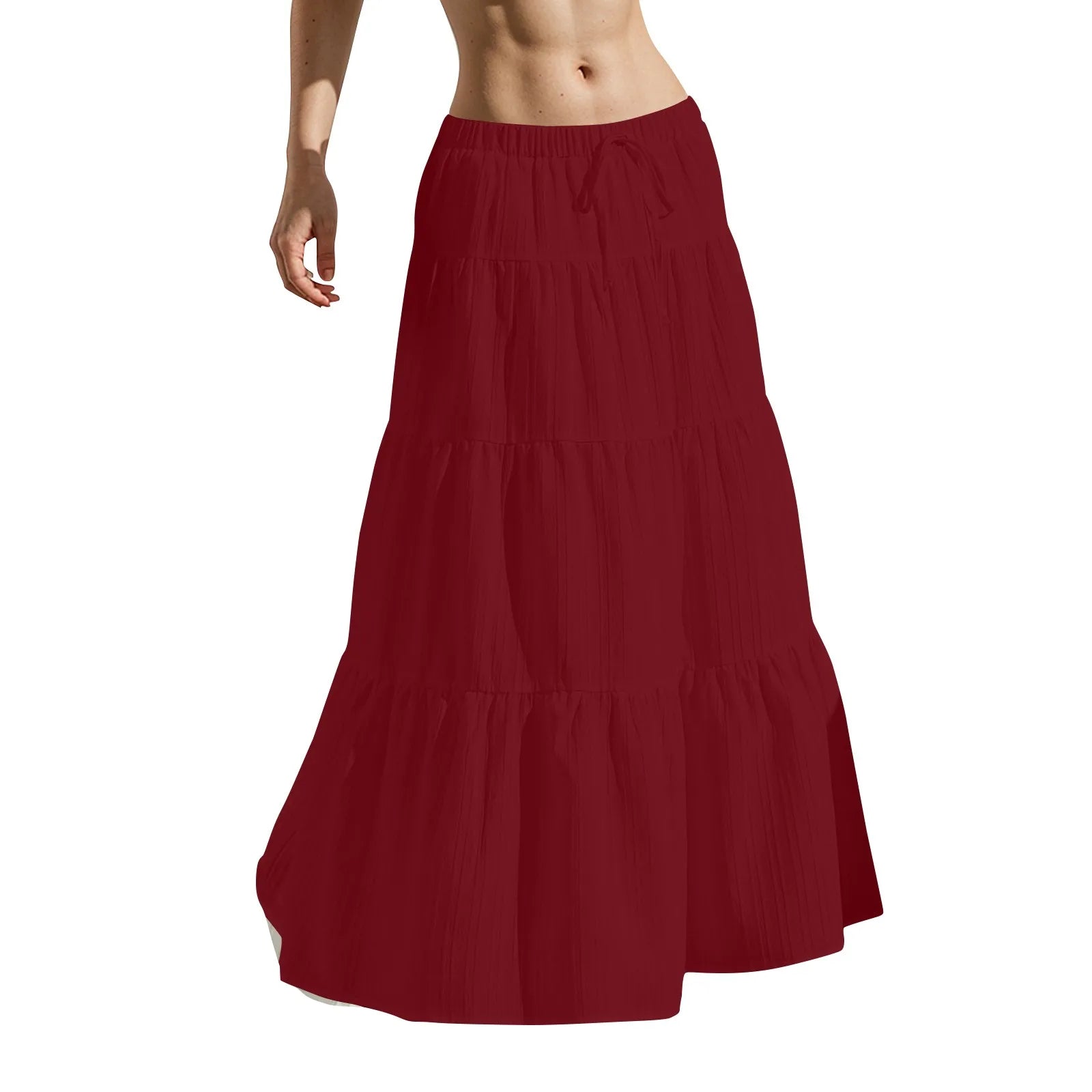 Women's Flared Ruffle Hem Maxi Skirt Fashion Women Solid Long Skirts Elastic Waist Elegant Long Skirt Spring Summer Cake Dress