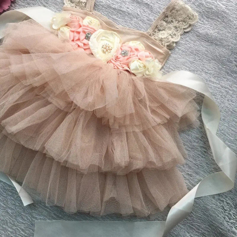 Flower Girl Lace Tulle Dress Elegant Princess Weddings Birthday Party Costumes for 3m To 7y Girls Baptism Festival Ball Gown