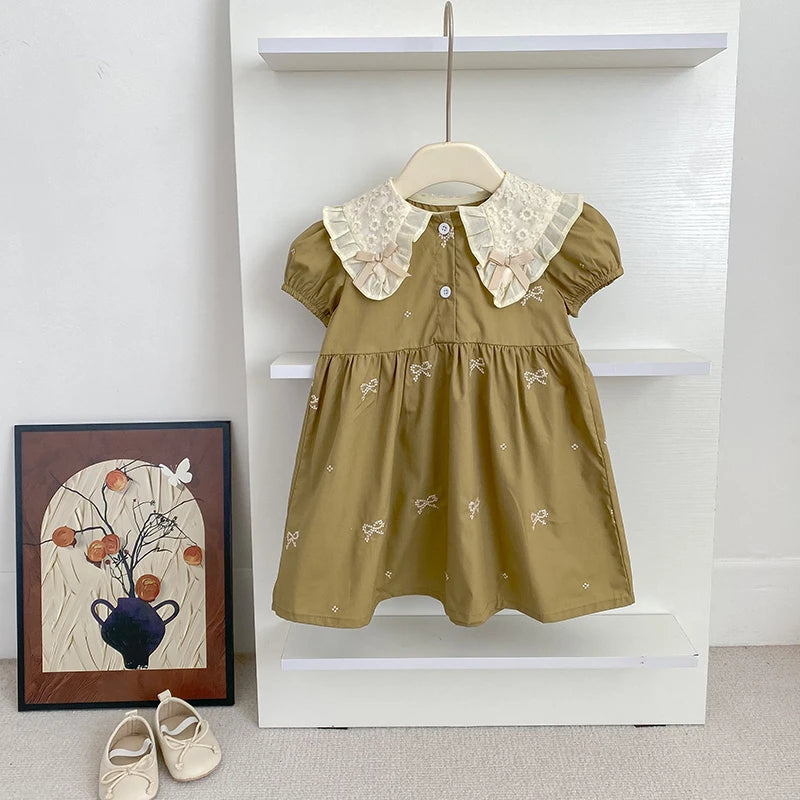 Girls Bow Princess Dress | Puff Sleeve Embroidery Party Dress