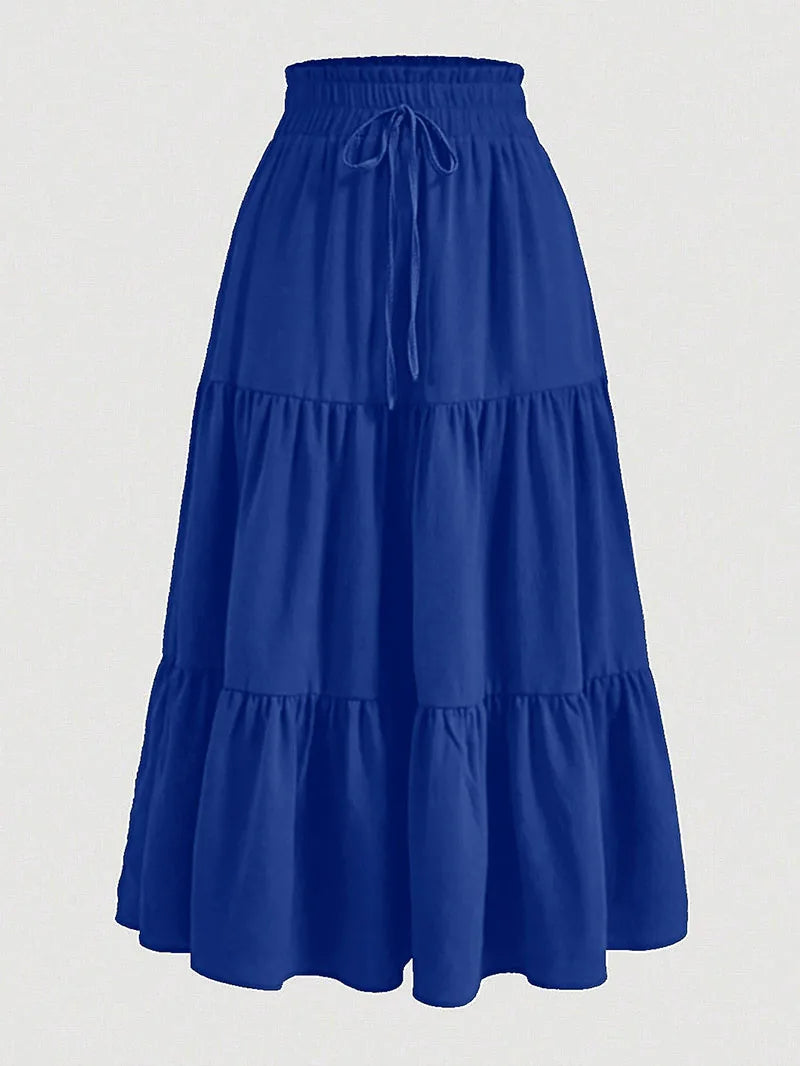 1PC Women's Summer Solid Color Bohemian A-line Midi Skirts 2026 New Female Vacation Casual Loose Faldas