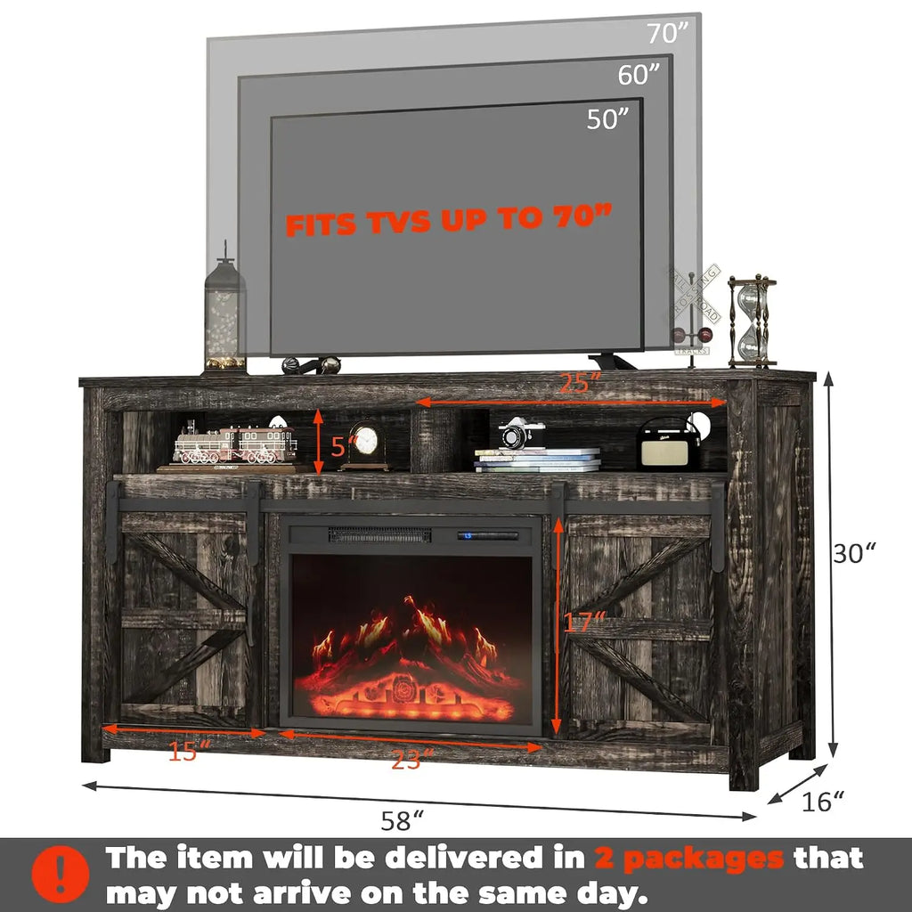 58" Farmhouse TV Stand Fireplace & Sliding Barn Door, Rustic Media Console 2 Shelves Living Room, Dark Oak, Customized