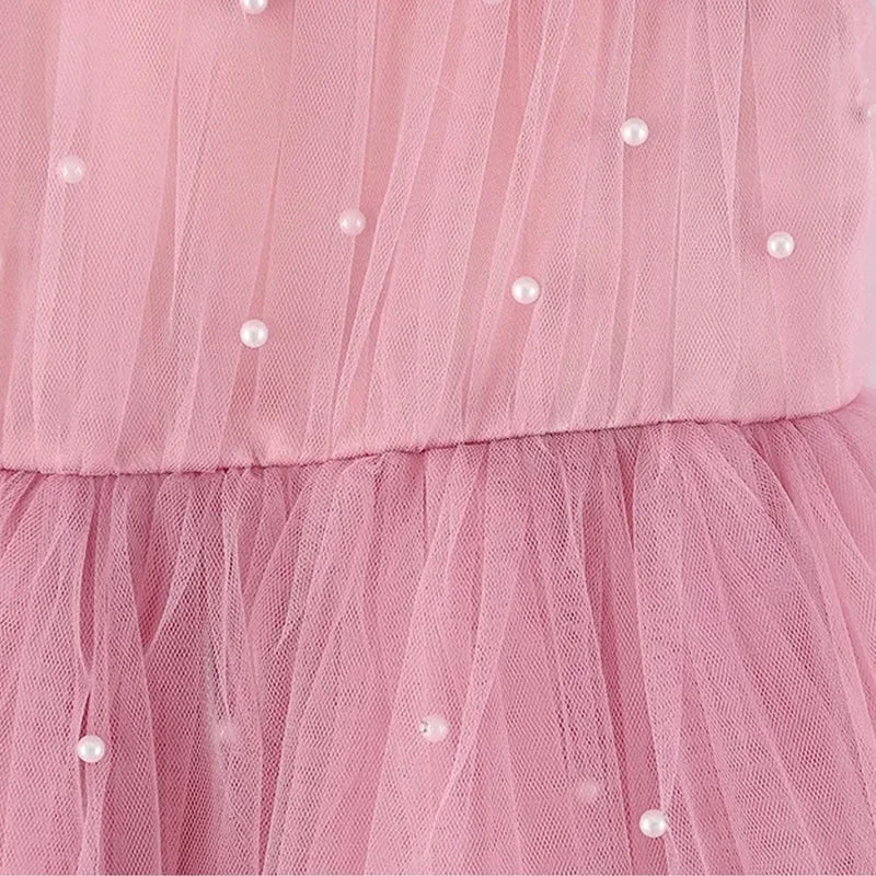 Flower Girls Elegant Cute Bow Pearls Tulle Princess Dress For Toddler Kids Formal Birthday Party Wedding Prom Pageant Puffy Gown