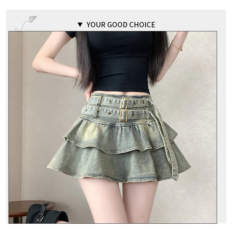 American Pure Desire Spicy Girl Design Elastic Denim Skirt Half-length Pleated Cake Skirt Short Commute High Elasticity