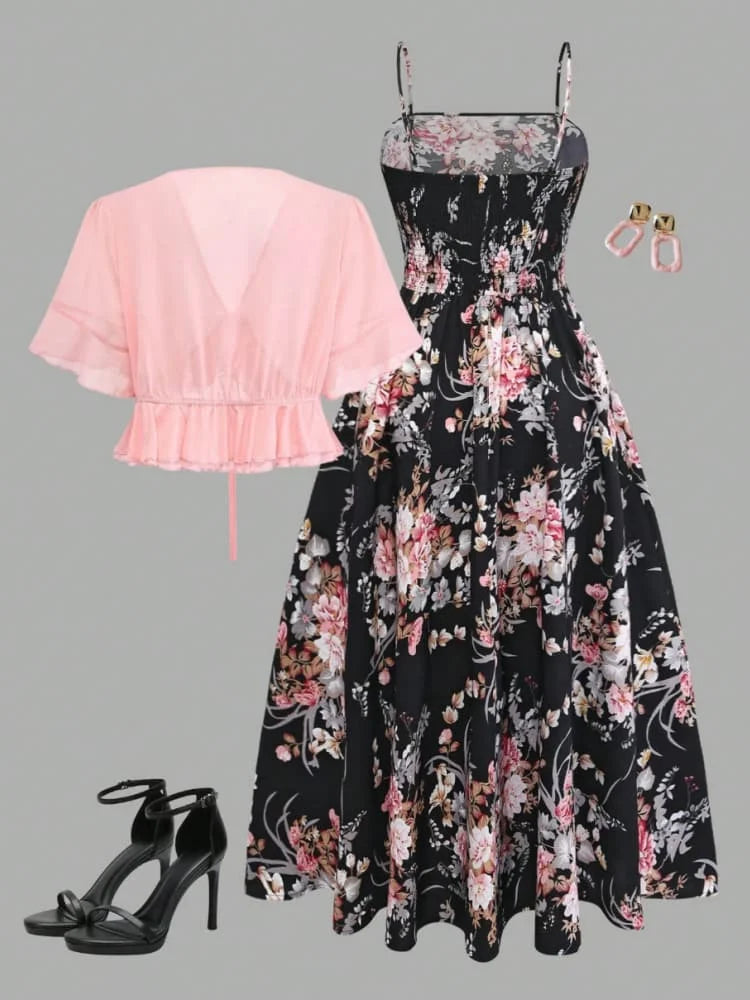 Plus Size Short Sleeve Tie Front Cardigan + Spaghetti Strap Midi Dress Matching Outfit Set For Women Floral Print A Line Dress Elegant Party Dating Commute Daily Fashion Outfit