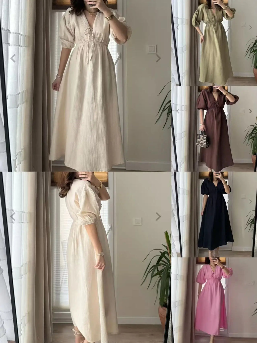 Dress Women Dresses A Line Puff Sleeve Vestidos V Neck Elastic Waist Elegant Mid Length Solid Y2k Streetwear Work Lace Up Summer