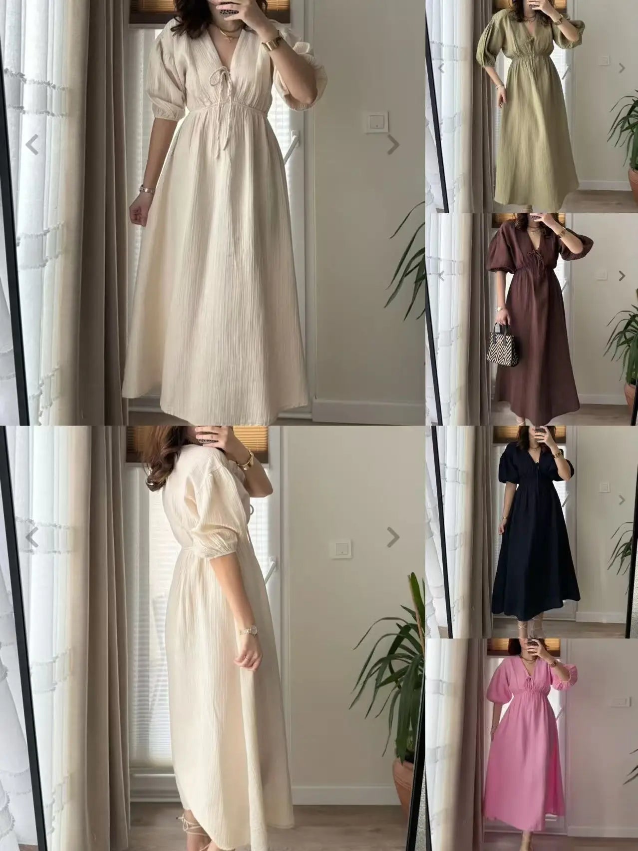 Dress Women Dresses A Line Puff Sleeve Vestidos V Neck Elastic Waist Elegant Mid Length Solid Y2k Streetwear Work Lace Up Summer