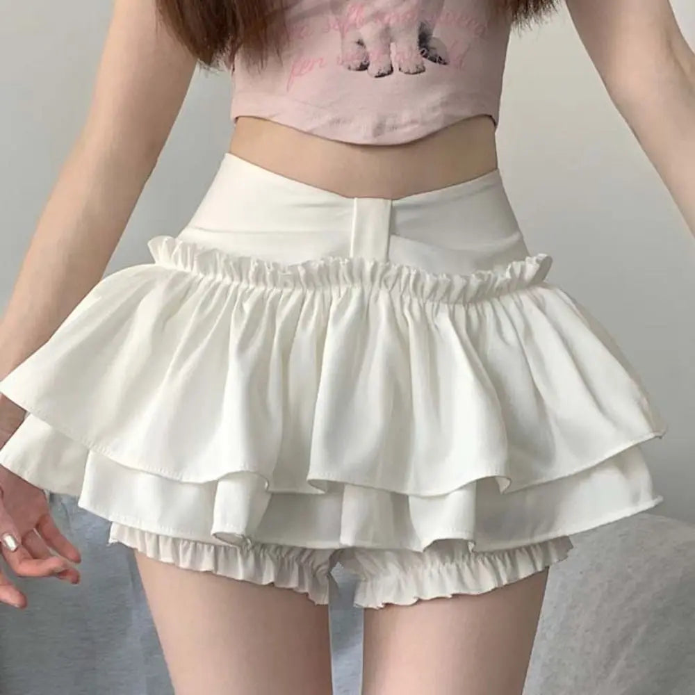 Sweet Double Layered Mini Cake Skirts A-line Ruffle High Waisted Pleated Skirt Korean Style Ball Gown Shorts Mini Skirt Cosplay