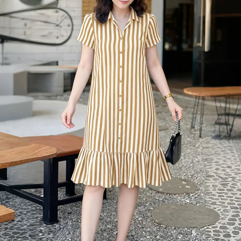 2026 Summer Striped Dress ZANZEA Women Elegant Work Dresses Short Sleeve Buttons Down Sundress Casual Holiday Knee Length Robe